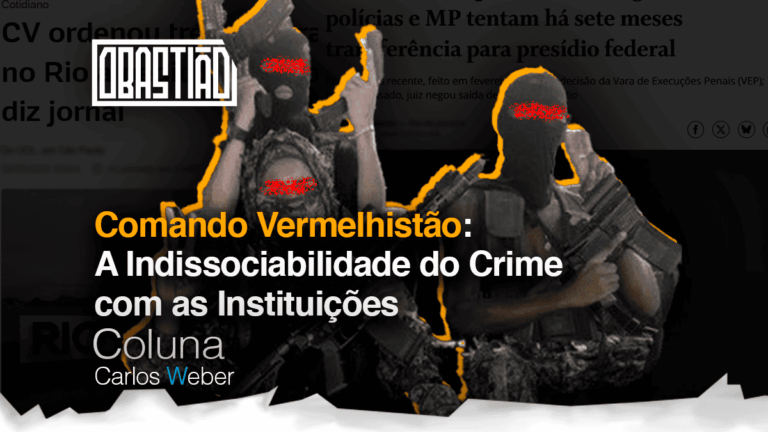 Integrantes armados do Comando Vermelho com máscaras, representando a influência criminosa no Estado brasileiro
