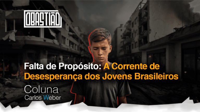 Jovem brasileiro cabisbaixo em cenário de destruição: representação visual da corrente de desesperança que atinge a geração atual, entre escombros institucionais e falta de propósito político, conforme análise do artigo.