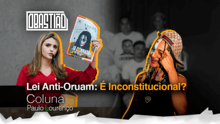 Vereadora Amanda Vettorazzo segura relatório sobre crime organizado, enquanto à direita, o cantor Oruam aparece em show financiado com dinheiro público. Imagem que ilustra o debate central da Lei Anti-Oruam: pode o Estado custear arte que faz apologia ao crime, já proibida pelo Artigo 287 do Código Penal?