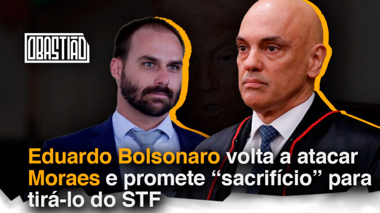 Eduardo Bolsonaro em live, atacando Alexandre de Moraes e prometendo sacrifício pessoal para tirá-lo do STF.