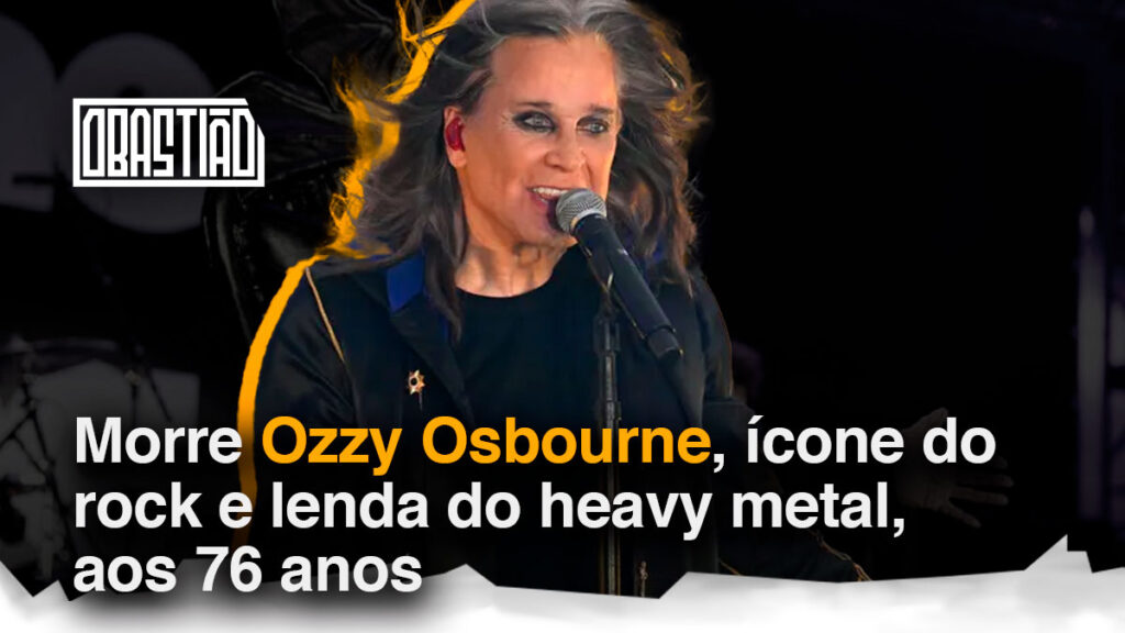 morre Ozzy Osbourne em show ao vivo, com roupas escuras e braços erguidos, símbolo do heavy metal mundial.
