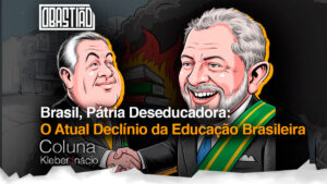O atual declínio da educação brasileira: sala de aula vazia com livros didáticos vetados no chão