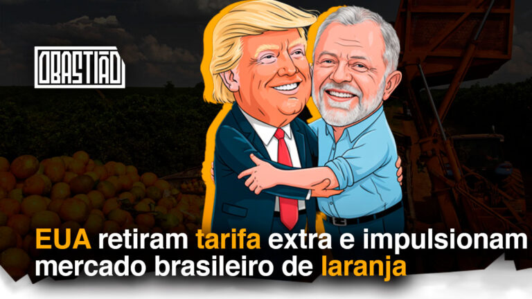 Mercado brasileiro de laranja representado com copos de suco ao lado de laranjas frescas e bandeiras do Brasil e dos EUA ao fundo